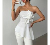Top tube blanc élégant pour femmes, décoration de grande fleur de rose 3D sur la poitrine, ourlet asymétrique diagonal, camisole sans manches. Communauté et vacances L,M,S,XLUnicoloreTissu tissé