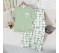 Top vert pour filles avec imprimé nœud, assorti à un ensemble de pyjama 2 pièces en tricot ample avec imprimé nœud à carreaux verts. Style confortable, doux, mignon et élégant. 8Y,9Y,10Y,11Y,12Y,13YPl