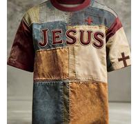 Top vintage artistique pour hommes avec imprimé patchwork, couleurs vibrantes, coupe confortable. T-shirt col rond confortable avec motif croix de Jésus et foi. Convient pour un port quotidien 1XL,2XL