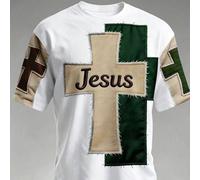 Top vintage pour hommes avec motif de croix en patchwork, couleurs vibrantes, coupe confortable. T-shirt col rond confortable avec design de croix de la foi de Jésus, convient pour un port quotidien L