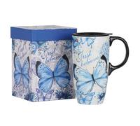 Topadorn Tasse en céramique avec couvercle et coffret cadeau, tasse à café latte, 500 ml. Papillon bleu