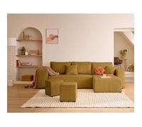 Topaze - canapé d'angle réversible 4 places - convertible avec coffre, tablette et poufs - en velours côtelé - Jaune