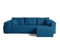 Topaze - canapé d'angle réversible 4 places - convertible avec coffre, tablette et poufs - en velours côtelé - Bleu