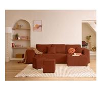 Topaze - canapé d'angle réversible 4 places - convertible avec coffre, tablette et poufs - en velours côtelé - Terracotta