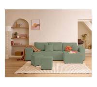 Topaze - canapé d'angle réversible 4 places - convertible avec coffre, tablette et poufs - en velours côtelé - Vert sauge