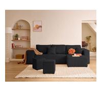 Topaze - canapé d'angle réversible 4 places - convertible avec coffre, tablette et poufs - en velours côtelé - Noir