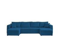 Best Mobilier - Canapé Panoramique en U Convertible avec Coffre Topaze en Velours Côtelé - Canapé Lit - Grand Sofa XXL Bleu Ardoise 7 Places - Salon