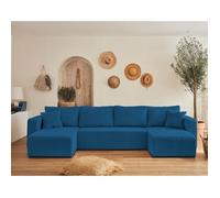 Topaze - canapé panoramique en U - 7 places - convertible avec coffre - en velours côtelé - Bleu Ardoise