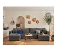 Best Mobilier - Canapé Panoramique en U Convertible avec Coffre Topaze en Velours Côtelé - Canapé Lit - Grand Sofa XXL Gris 7 Places - Salon