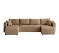 Topaze - canapé panoramique en U - 7 places - convertible avec coffre - en velours côtelé plat - Latte