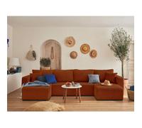 Best Mobilier - Canapé Panoramique en U Convertible avec Coffre Topaze en Velours Côtelé - Canapé Lit - Grand Sofa XXL Terracotta 7 Places - Salon