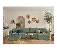 Best Mobilier - Canapé Panoramique en U Convertible avec Coffre Topaze en Velours Côtelé - Canapé Lit - Grand Sofa XXL Vert Sauge 7 Places - Salon