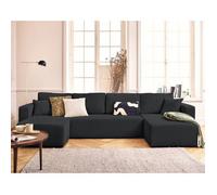 Topaze - canapé panoramique en U 7 places convertible avec coffre en velours texturé - Noir