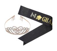 TOPBATHY Couronne Strass Noire et Or avec 2 Pièces Écharpe de Remise de Diplôme en Tissu Pailleté, Accessoires pour Fête de Fin D’études et Décoration Cérémonie, Kit Photobooth Graduation