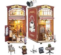 TOPBSFARNY Kit de bricolage Book Nook - Café Mini 3D - Modèle architectural - Support de livre en bois Snap Fit avec meubles et lumières LED - Kit de maison de poupée miniature pour adultes