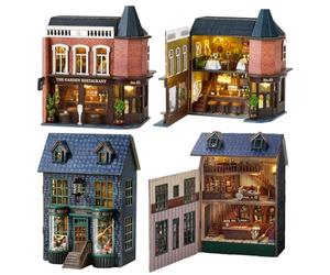 TOPBSFARNY Kit de maison de poupée miniature à faire soi-même, 2 châteaux romantiques en bois, petite maison, chambre créative avec meubles et lumière LED pour cadeau d'anniversaire (C)