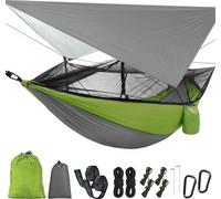Topchances Hamac de camping avec moustiquaire et tarp, toile de tente de voyage pour l'extérieur,randonnée,trekking (Gris+Vert)