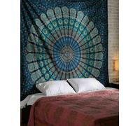 Topchances Tapisserie indienne Mandala Gris argent/Indienne Tapisserie bohème Tapis de yoga Couverture de pique-nique Draps de plage (bleu + vert , 150 x 205cm)