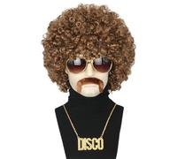 Topcosplay Lot de 4 perruques afro pour homme avec lunettes de soleil moustache collier 70 80s perruque mulet disco perruque hippie perruque Halloween carnaval costume (blond marron)