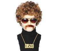 Topcosplay Lot de 5 perruques afro avec lunettes, collier, moustache courte, bou perruque Huppies blonde marron