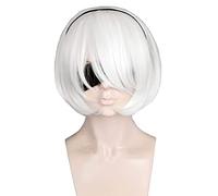 Topcosplay Perruque courte pour femme Blanc Halloween Costume Cosplay Perruque Longue Frange