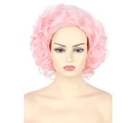 Topcosplay Perruque synthétique pour femme, rose, courte, bouclée, pour Halloween, carnaval, cosplay, costume avec frange