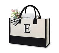 TOPDesign Embroidery Initial Canvas Tote Bag, Personalized Present Bag, Suitable for Wedding, Birthday, Beach, Holiday, is a Great Gift for Women, Mom, Teachers, Friends, Bridesmaids (Letter E)