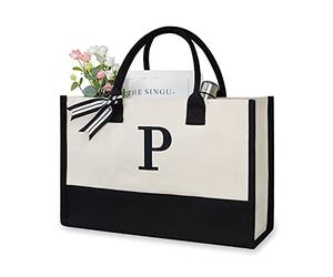 TOPDesign Embroidery Initial Canvas Tote Bag, Personalized Present Bag, Suitable for Wedding, Birthday, Beach, Holiday, is a Great Gift for Women, Mom, Teachers, Friends, Bridesmaids (Letter P)