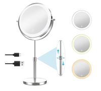 TopDirect Mirroir Maquilleur Lumineux 8 Pouces, Miroir de Table 35 à 45 cm Hauteur Réglable, Grossissement 1X/10X, 3 Réglages de Couleur et Rotation à 360°, Double Face Miroir pour Maquillage Coiffure