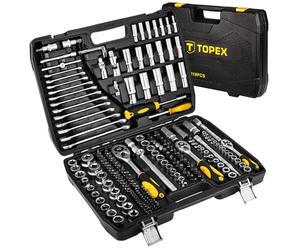 TOPEX Coffret Clés à Douilles 219 Pièces Jeu Complet 1/2 3/8 1/4 Acier CrV Cliquets Douilles Embouts E TORX Rallonges Adaptateurs Clés Mixtes avec Mallette 38D853