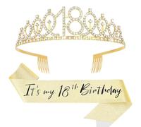Topfunyy Ensemble diadème et écharpe pour 18e anniversaire - 18 ans & It's my 18th Birthday - Écharpe dorée en cristal, couronne en cristal, cadeau d'anniversaire pour fille, accessoires de fête pour