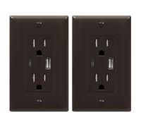 TOPGREENER Lot de 2 prises murales 3,6 A 2 ports USB type C/A, 15 A TR, iPhone 12/11/SE/XS/XR/X, Samsung Galaxy S20/S10/S9/S8/Note, LG, HTC et plus, TU21536AC-BR-2 pièces, marron