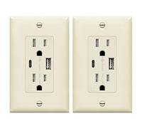 TOPGREENER Lot de 2 Prises murales 3,6 A ?2 Ports USB Type-C/A, Prise TR 15 A, Compatible avec iPhone 12/11/SE/XS/XR/X, Samsung Galaxy S20/S10/S9/S8/Note, LG, HTC et Plus Encore, TU21536AC-LA-2PCS,