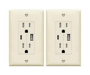 TOPGREENER Lot de 2 Prises murales 3,6 A ?2 Ports USB Type-C/A, Prise TR 15 A, Compatible avec iPhone 12/11/SE/XS/XR/X, Samsung Galaxy S20/S10/S9/S8/Note, LG, HTC et Plus Encore, TU21536AC-LA-2PCS,