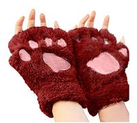 Topgrowth Gants Kawaii de Chat en Peluche - Fourrure Synthétique, Cosplay, Pattes de Chat, Sans Doigts pour Femmes et Filles - Demi-Doigts en Tissu, Vin, Taille Unique