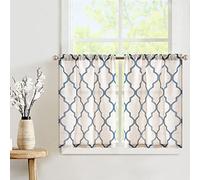 TOPICK Lot de 2 Rideau Cuisine Imprimé Marocain Rideau Lin Bleu avec Motif Losange Filtrage de la Lumière Rideaux Brise-bise Court Terrasse Petite Fenêtre Placard 65 x 60cm (L x H)