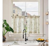 TOPICK Lot de 2 rideaux brise-bise en lin - 65 x 60 cm (l x H) - Motif floral - Style maison de campagne - Semi-transparent - Pour fenêtre et cuisine - Vert sur blanc
