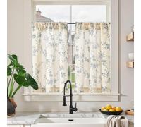 TOPICK - Lot de 2 rideaux brise-bise en lin pour cuisine - 65 x 90 cm (l x H) - Motif floral - Style maison de campagne - Semi-transparent - Pour fenêtre, salon, printemps - Bleu sur blanc