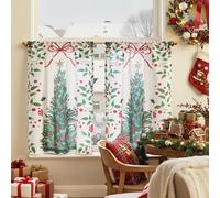 TOPICK Rideau Noël Brise-Bise, Rideaux Cuisine Court Passe-Tringle, 65x90cm (LxH) Lot de 2, Blanc Rouge et Vert, avec Motif Sapin de Noel, pour Petite Fenêtre Chambre Intérieure Décoration Salon