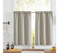 TOPICK Rideaux de Cuisine Beiges 90 H x 65 L cm, Voilages Bistro Opaque pour Salon, Chambre à Coucher, Rideaux de Cuisine Aspect Lin, Style Maison de Campagne, Lot de 2