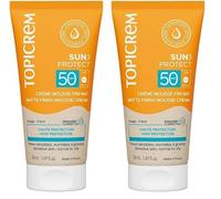 Topicrem - Sun Protect, Crème Mousse Fini Mat SPF50 - Crème Solaire Visage Haute Protection, Hydrate 24h, Fini Mat - Soin Peaux Sensibles, Exposées au Soleil - Parfum Ensoleillé - 50 ml (Lot de 2)