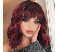 TOPINCN Perruque Mi-longue pour Femmes, Filet à Cheveux avec Bouton Rouge Vin, Perruque Rouge Ondulée Bou Portable pour Fête, Rencontres, Cosplay, Soie Haute Température