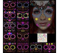 TOPJOWGA 13 Feuilles Halloween Tatouages Temporaires pour Visage, 12 Feuilles Lumineux Halloween Tatouages Faciaux et 1 Feuilles Autocollants en Diamant, Halloween Tatouages Faciaux