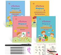 TOPJOWGA Cahier Ecriture Magique Francais, Magique Francais de Pratique Réutilisable, 4 Cahier Ecriture Francais Calligraphie + 1 Stylo Magique + 5 Recharges + 1 Correcteur de Prise (A)