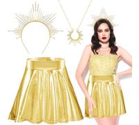 TOPJOWGA Costume de Déesse du Soleil pour Femme, Femme Jupe Patineuse Extensible Métallisée Shiny+Femmes Déesse Halo Couronne+Collier Pendentif Soleil Doré Chaîne, Jupe Plissée pour Carnaval, Cosplay