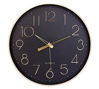 Topkey Horloge Murale Noire de 30,5 cm silencieuse avec Chiffres Arabes - Horloge Murale Ronde décorative pour Salon, Chambre, Cuisine (Pile Non Incluse) - Chiffres dorés