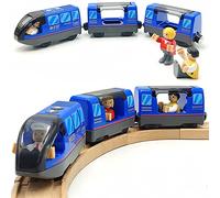 TOPLIVING Train à piles pour chemin de fer en bois - Jouet haute vitesse pour tout-petits de 3, 4, 5 ans - Attelage magnétique - Véhicule urbain avec figurines