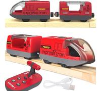 TOPLIVING Train ferroviaire en bois motorisé, train télécommandé avec connexion magnétique, trains à batterie pour enfants, compatible avec Thomas, Brio, Chuggington (rouge)