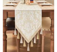TOPLUXE Chemin de Table Floral en Tissu Floral à Franges, Décoration pour Table à Manger/Restaurant/Fête/Banquet (33x274cm, Beige & Blanc)