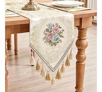 TOPLUXE Chemin de Table Floral en Tissu Floral à Franges, Décoration pour Table à Manger/Restaurant/Fête/Banquet (33x274cm, Beige)